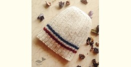 Hand Knitted ☃ Pure Woolen Cap ☃ Natural Color |  Ecru with Blue & Red |  