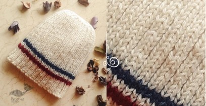 Hand Knitted ☃ Pure Woolen Cap ☃ Natural Color |  Ecru with Blue & Red |  
