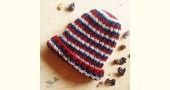 Hand Knitted ☃ Pure Woolen Cap ☃ Natural Color |  Indigo-Red-Ecru Multi Stripes |