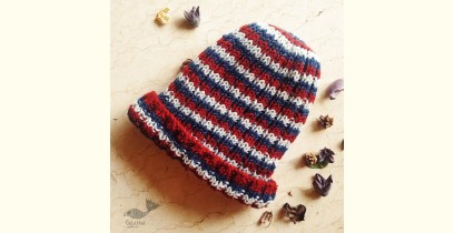 Hand Knitted ☃ Pure Woolen Cap ☃ Natural Color |  Indigo-Red-Ecru Multi Stripes |  