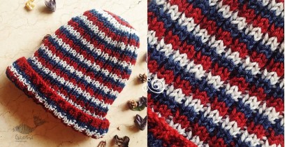 Hand Knitted ☃ Pure Woolen Cap ☃ Natural Color |  Indigo-Red-Ecru Multi Stripes |  