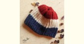 Hand Knitted ☃ Pure Woolen Cap ☃ Natural Color |  Red-Ecru-Indigo Rugby Stripes |