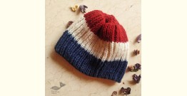Hand Knitted ☃ Pure Woolen Cap ☃ Natural Color |  Red-Ecru-Indigo Rugby Stripes |  