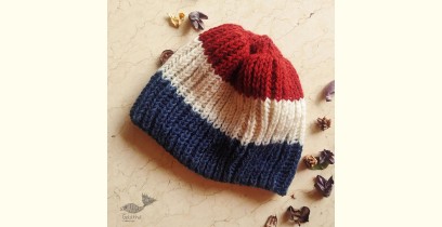 Hand Knitted ☃ Pure Woolen Cap ☃ Natural Color |  Red-Ecru-Indigo Rugby Stripes |  