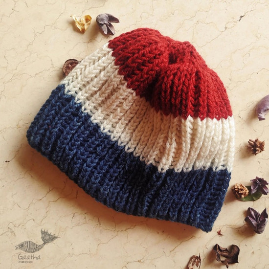 Hand Knitted ☃ Pure Woolen Cap ☃ Natural Color |  Red-Ecru-Indigo Rugby Stripes |