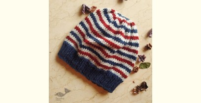 Hand Knitted ☃ Pure Woolen Cap ☃ Natural Color |  Indigo-Ecru Multi Stripe |  