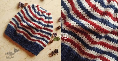 Hand Knitted ☃ Pure Woolen Cap ☃ Natural Color |  Indigo-Ecru Multi Stripe |  