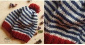 Hand Knitted ☃ Pure Woolen Cap ☃ Natural Color |  Indigo-Ecru Multi Stripe With Red |