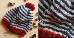 Hand Knitted ☃ Pure Woolen Cap ☃ Natural Color |  Indigo-Ecru Multi Stripe With Red |  