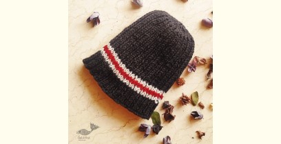 Hand Knitted ☃ Pure Woolen Cap ☃ Natural Color |  Black With Red & White Stripe |  