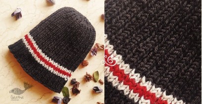 Hand Knitted ☃ Pure Woolen Cap ☃ Natural Color |  Black With Red & White Stripe |  