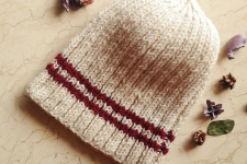 Hand Knitted ☃ Pure Woolen Cap ☃ Natural Color |  Ecru with Red Stripe |  