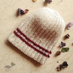 Hand Knitted ☃ Pure Woolen Cap ☃ Natural Color |  Ecru with Red Stripe |  