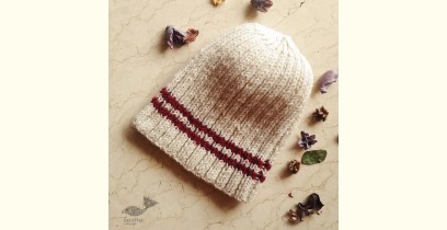 Hand Knitted ☃ Pure Woolen Cap ☃ Natural Color |  Ecru with Red Stripe |  