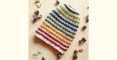 Hand Knitted ☃ Pure Woolen Cap ☃ Natural Color |  Ecru With Multi Color Stripes |  