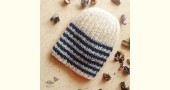 Hand Knitted ☃ Pure Woolen Cap ☃ Natural Color |  Ecru With Blue Stripes |