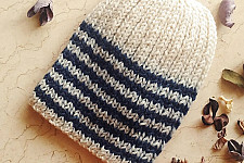 Hand Knitted ☃ Pure Woolen Cap ☃ Natural Color |  Ecru With Blue Stripes |  