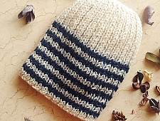 Hand Knitted ☃ Pure Woolen Cap ☃ Natural Color |  Ecru With Blue Stripes |  