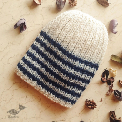 Hand Knitted ☃ Pure Woolen Cap ☃ Natural Color |  Ecru With Blue Stripes |  