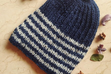 Hand Knitted ☃ Pure Woolen Cap ☃ Natural Color |  Indigo With White Stripes |  