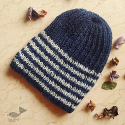 Hand Knitted ☃ Pure Woolen Cap ☃ Natural Color |  Indigo With White Stripes |  