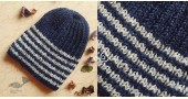 Hand Knitted ☃ Pure Woolen Cap ☃ Natural Color |  Indigo With White Stripes |