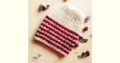 Hand Knitted ☃ Pure Woolen Cap ☃ Natural Color |  White With Red Stripes |