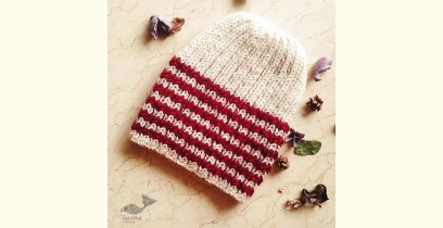 Hand Knitted ☃ Pure Woolen Cap ☃ Natural Color |  White With Red Stripes |  