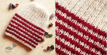 Hand Knitted ☃ Pure Woolen Cap ☃ Natural Color |  White With Red Stripes |  
