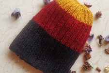 Hand Knitted ☃ Pure Woolen Cap ☃ Natural Color |  Yellow-Red-Black Rugby Stripe |  