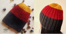Hand Knitted ☃ Pure Woolen Cap ☃ Natural Color |  Yellow-Red-Black Rugby Stripe |  