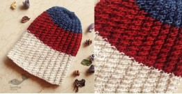 Hand Knitted ☃ Pure Woolen Cap ☃ Natural Color |  Indigo-Re-Ecru Stripes |  