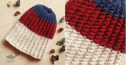 Hand Knitted ☃ Pure Woolen Cap ☃ Natural Color |  Indigo-Re-Ecru Stripes |  