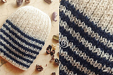 Hand Knitted ☃ Pure Woolen Cap ☃ Natural Color |  Ecru With Blue Stripes |  