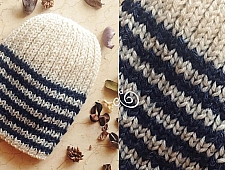 Hand Knitted ☃ Pure Woolen Cap ☃ Natural Color |  Ecru With Blue Stripes |  