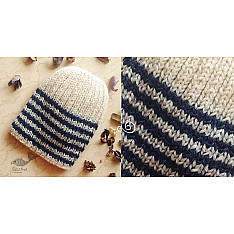 Hand Knitted ☃ Pure Woolen Cap ☃ Natural Color |  Ecru With Blue Stripes |  