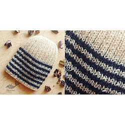 Hand Knitted ☃ Pure Woolen Cap ☃ Natural Color |  Ecru With Blue Stripes |  