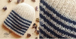 Hand Knitted ☃ Pure Woolen Cap ☃ Natural Color |  Ecru With Blue Stripes |  