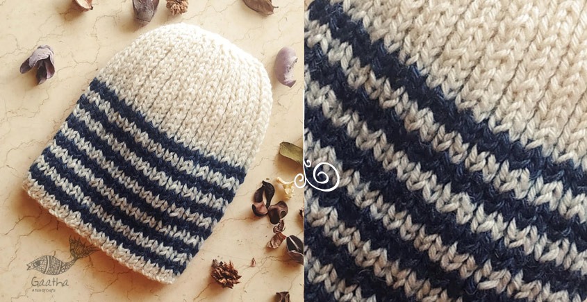 Hand Knitted ☃ Pure Woolen Cap ☃ Natural Color |  Ecru With Blue Stripes |
