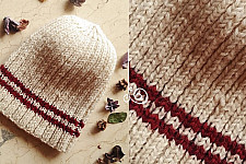 Hand Knitted ☃ Pure Woolen Cap ☃ Natural Color |  Ecru with Red Stripe |  