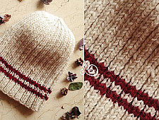 Hand Knitted ☃ Pure Woolen Cap ☃ Natural Color |  Ecru with Red Stripe |  