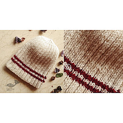 Hand Knitted ☃ Pure Woolen Cap ☃ Natural Color |  Ecru with Red Stripe |  