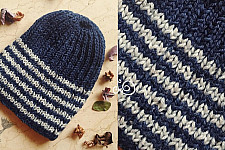 Hand Knitted ☃ Pure Woolen Cap ☃ Natural Color |  Indigo With White Stripes |  