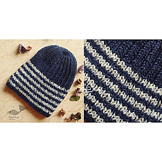 Hand Knitted ☃ Pure Woolen Cap ☃ Natural Color |  Indigo With White Stripes |  