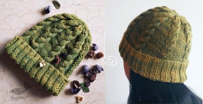 Hand Knitted ☃ Pure Woolen Cap ☃ Natural Color |  Moss Green |  
