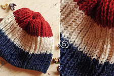 Hand Knitted ☃ Pure Woolen Cap ☃ Natural Color |  Red-Ecru-Indigo Rugby Stripes |  