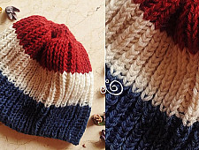 Hand Knitted ☃ Pure Woolen Cap ☃ Natural Color |  Red-Ecru-Indigo Rugby Stripes |  