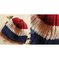 Hand Knitted ☃ Pure Woolen Cap ☃ Natural Color |  Red-Ecru-Indigo Rugby Stripes |  