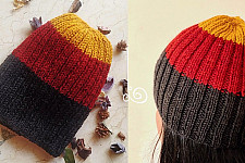 Hand Knitted ☃ Pure Woolen Cap ☃ Natural Color |  Yellow-Red-Black Rugby Stripe |  