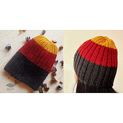 Hand Knitted ☃ Pure Woolen Cap ☃ Natural Color |  Yellow-Red-Black Rugby Stripe |  